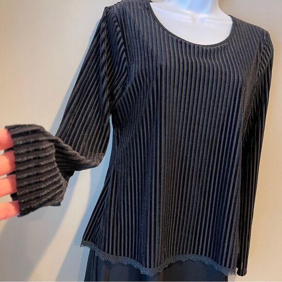 Boo Radley Australia Black Velvet Striped Long Sleeve Blouse Small - Picture 2 of 9